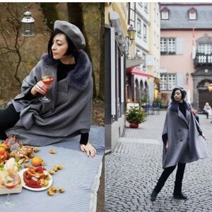 Zara Coat Jacket Fur Collar Knit Cape Poncho Faux Coat Jacket S